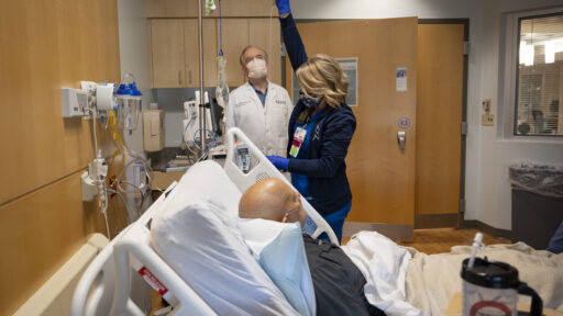 Dave Puente of Elk Grove, California, the first patient to receive CAR T-cell therapy at the UAMS Myeloma Center, awaits treatment from his physician, Frits van Rhee, M.D., Ph.D.
