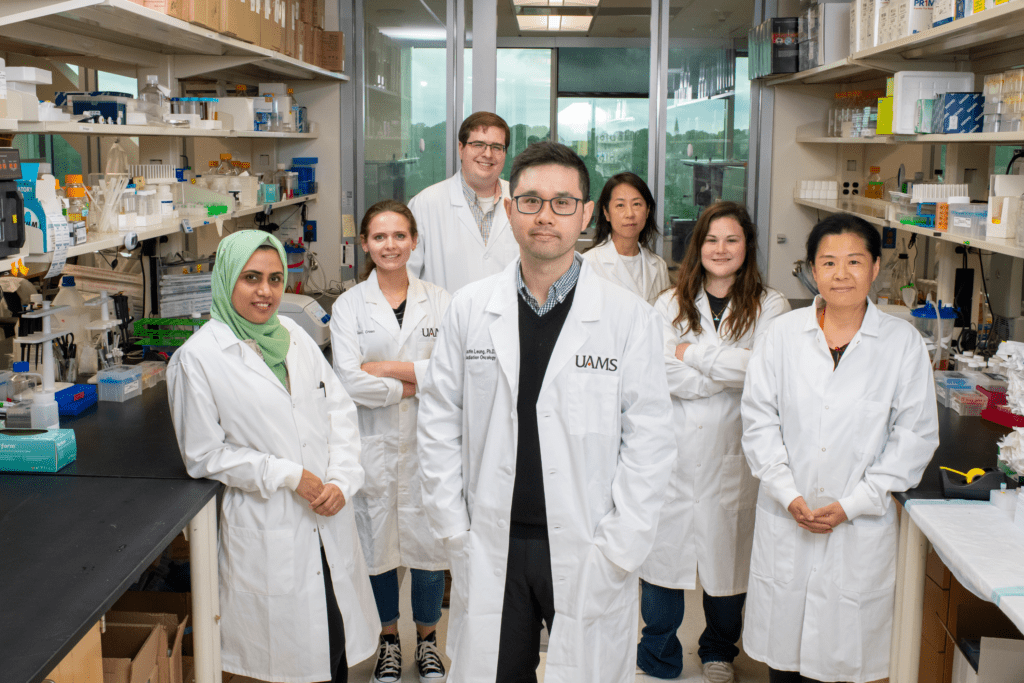 Members of the Leung Lab at the Winthrop P. Rockefeller Cancer Institute include scientists (l to r): Farhana Nasrin, Claire Greene, Kirk West Ph.D., Justin Leung Ph.D., Seong-ok Lee, Jessica Kelliher and Yu Chen.